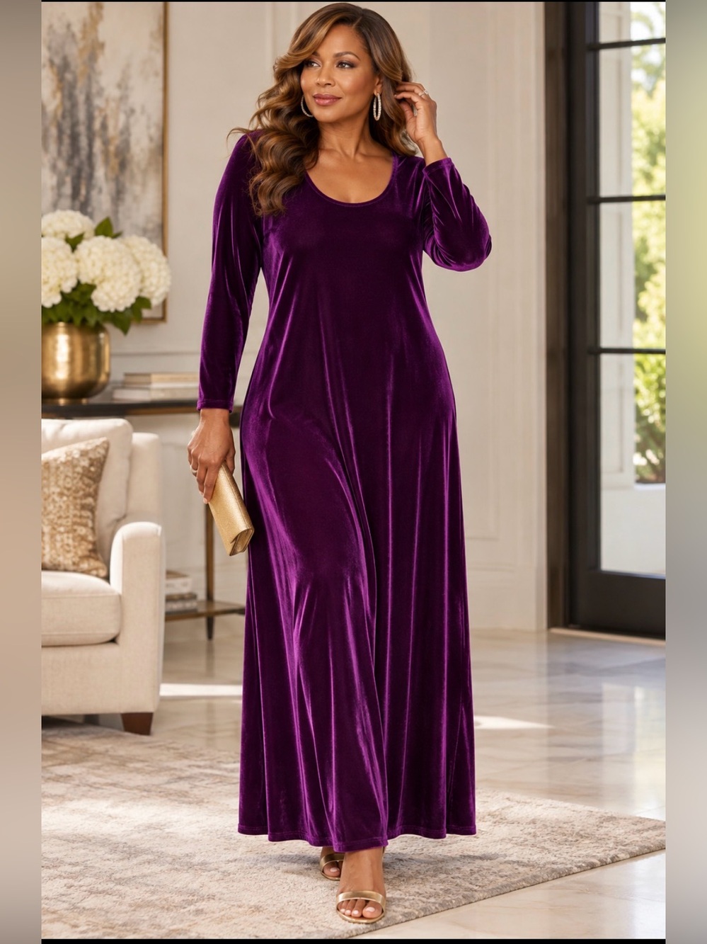 Soft Surroundings NEW Purple Velvet Long Sleeve Maxi Dress Size Tall Medium